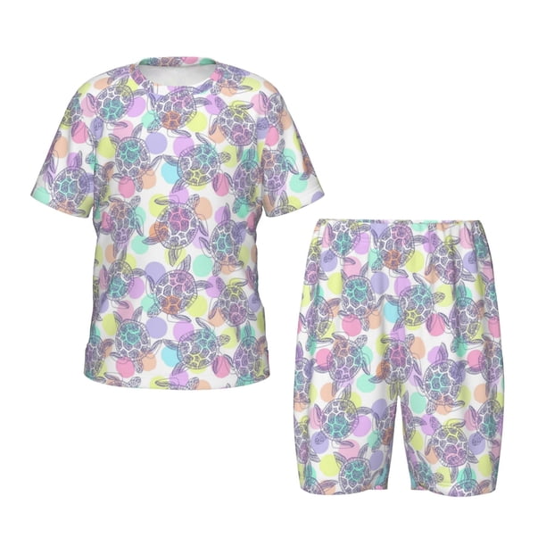 Fotbe Sea Turtles Pijama Estampada de 2 Piezas para Niños – Ropa de Dormir de Manga Corta Cómoda para Niños y Niñas, Camiseta y Shorts de Algodón-Large