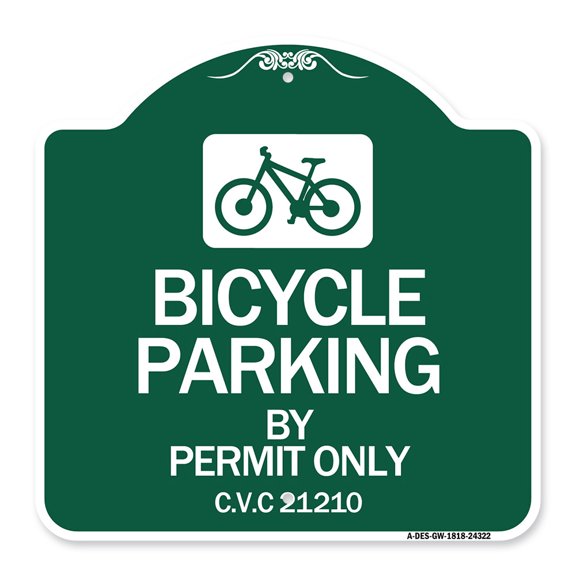 SignMission A-DES-GW-1818-24322 18 x 18 in. Designer Series Sign - Bicycle Parking by Permit Only C.V.S. 21210 with Bicycle Graphic, Green & White