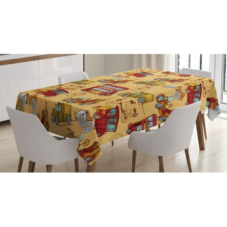 Cars Tablecloth, Steampunk Inspired Vintage Means of Transportation Colorful Retro Design, Rectangular Table Cover for Dining Room Kitchen, 60 X 84 Inches, Mustard Red Olive Green, by (Best Out Of Waste Means Of Transport)