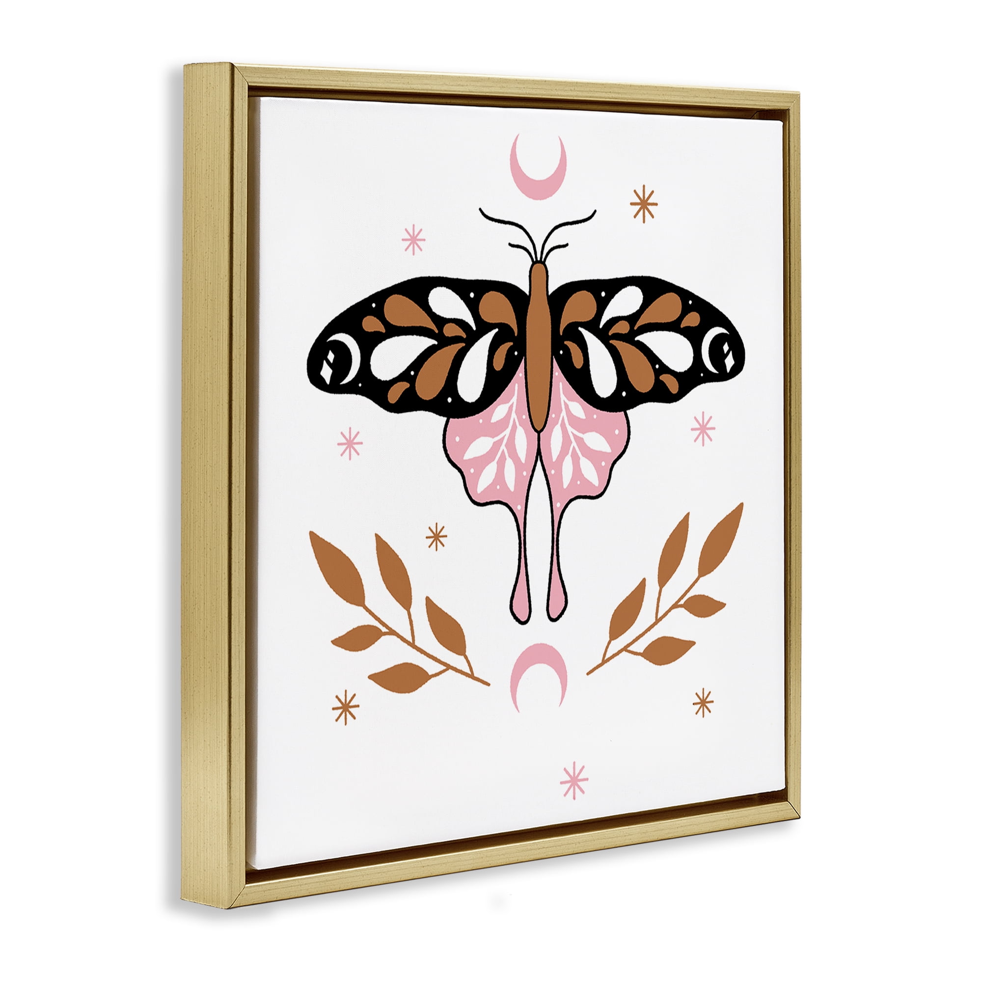 Stupell Industries Moth & Crescent Moons Animals Painting Gold Floater Framed Canvas Art Print Wall Art, 18 x 18