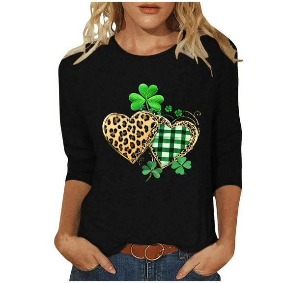 Erwazi St Patricks Day Shirt Women 3/4 Sleeve Crew Neck T-Shirts Shamrock Funny Graphic Tee Tops