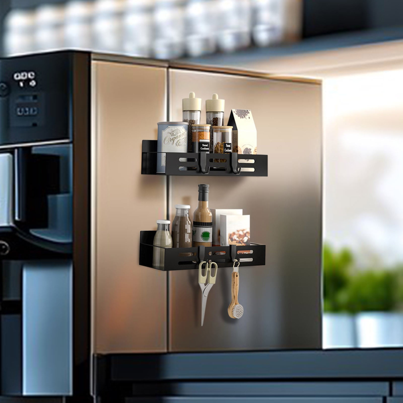 Gnmfd Wall Mounted Magnetic Spice Rack Refrigerator Side Organizer Shelf Strong Magnet Kitchen Storage for Spice Bottles Coffee Snacks Pantry, Easy Install, Home Restaurant Use