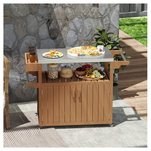 Outdoor Bar Cart with Storage, Stainless Steel Tabletop, Wheeled Kitchen Island, Brown
