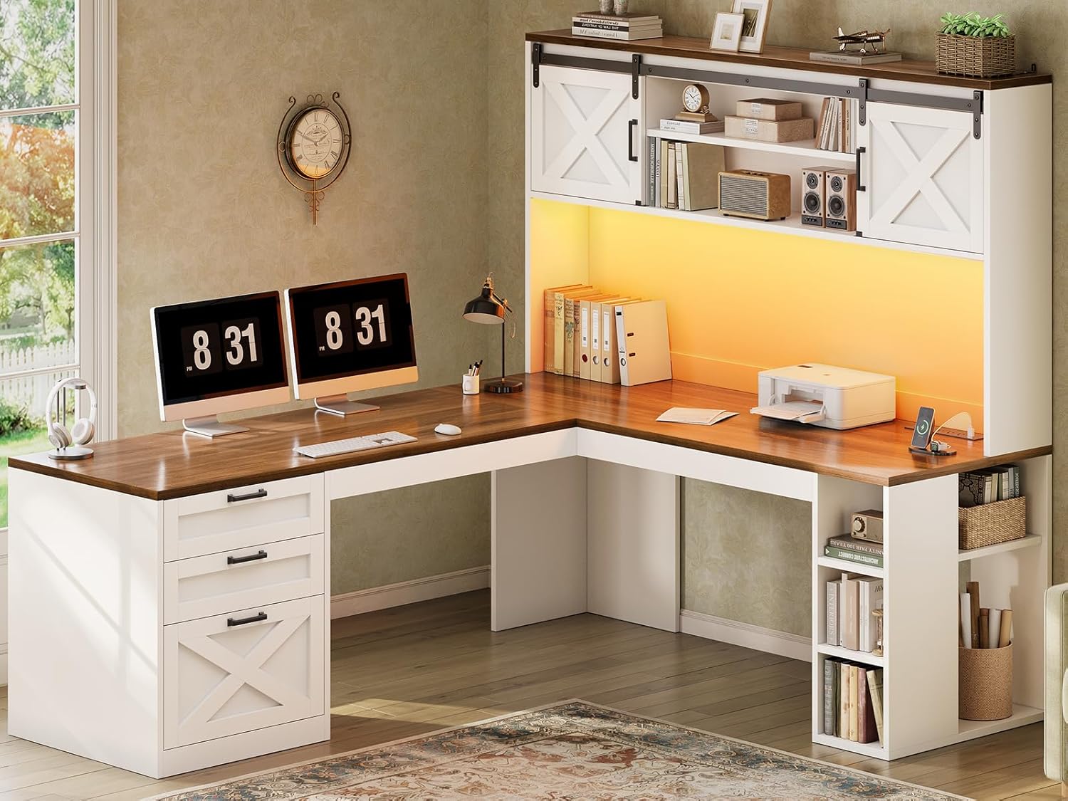 67" Farmhouse L Shaped Computer Desk with 3 Drawers and Storage Shelves, Corner Office Desk with LED Lights, Executive Desk
