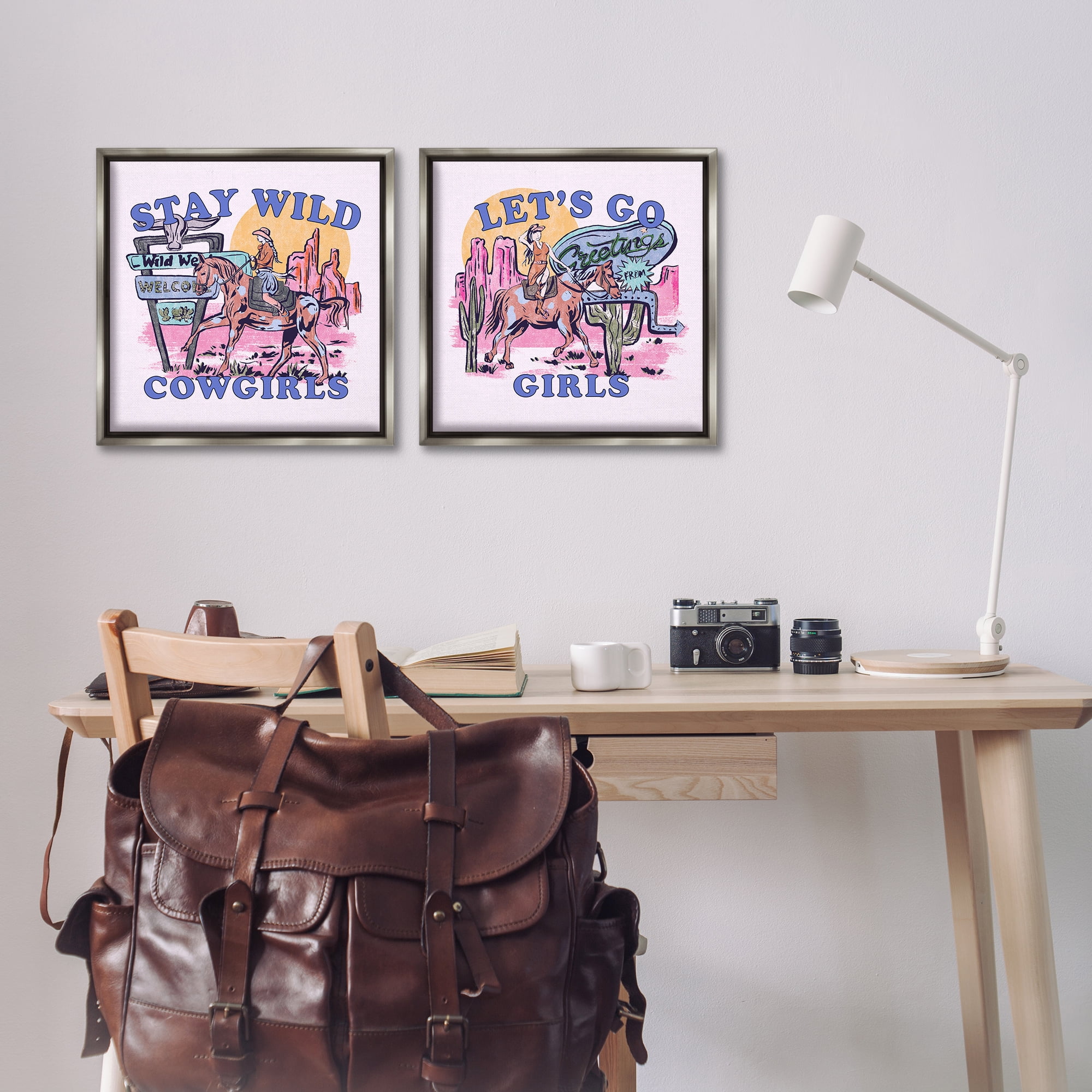 Stupell Industries Pink Cowgirl Phrases Entertainment Painting Gray Floater Framed Canvas Art Print Wall Art, 18 x 18, Set of 2
