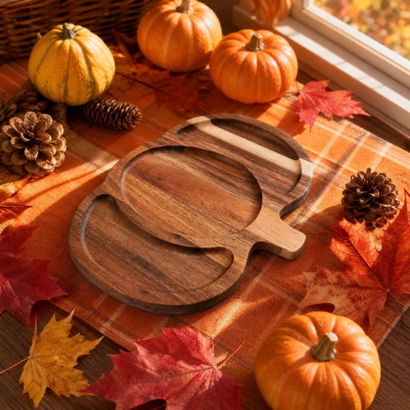 Wood Pumpkin Serving Tray with 3 Compartments, Solid Wood Thanksgiving Charcuterie Board for Snacks, Desserts and Tea