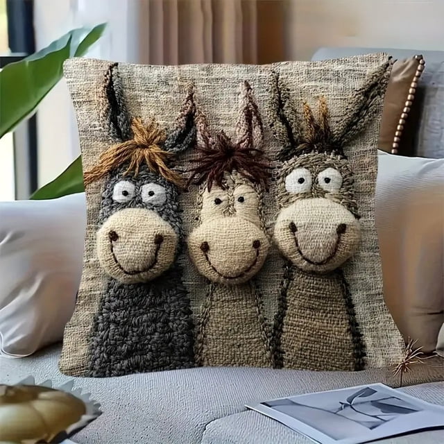 Funda de Cojín Decorativa con Bordado de Tres Burros | Funda de Cojín Gris de Pelusa Corta de 45 Cm para Sofá, Dormitorio, Sala de Estar y Decoración Del Hogar