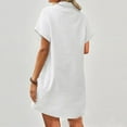thumbnail image 4 of Mohiass Women's Tunic Mini Shirt Dress Cotton Short Sleeve Ruffle Hem Dress Button Up Shift Chambray Dresses White M, 4 of 9