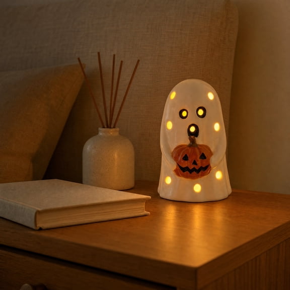 Halloween Ghost Holding Pumpkin Statue, 18cm Resin Tabletop Ornament, Spooky Ghost Figurine Indoor Outdoor Porch Yard Fall Home Decor Gift