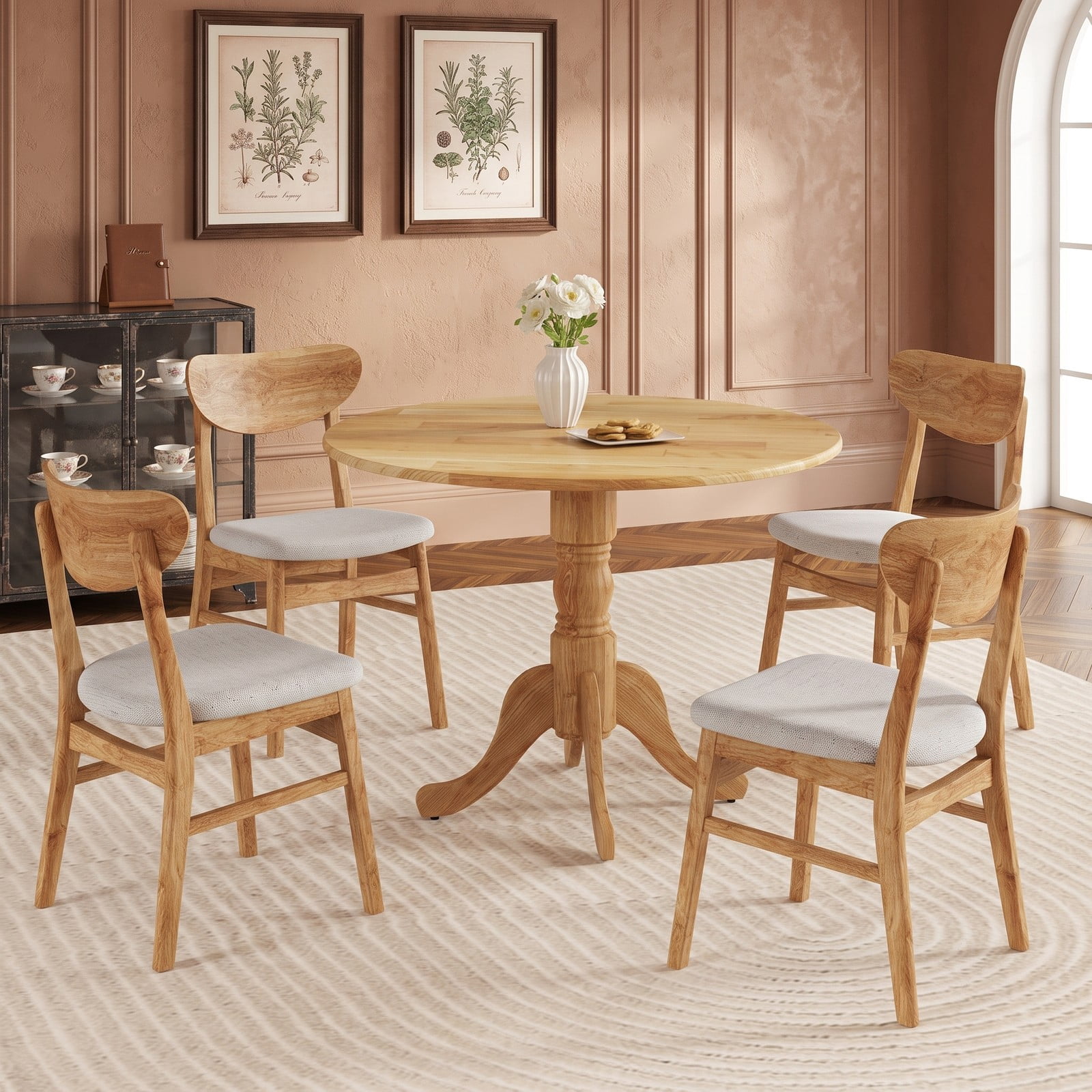 Furnibear Round Wooden Dining Table for 4, Kitchen Dinner Table with Curved Trestle Legs and Adjustable Foot Pads, Rubber Wood Small Dining Room Table, 39 Inch, Natural