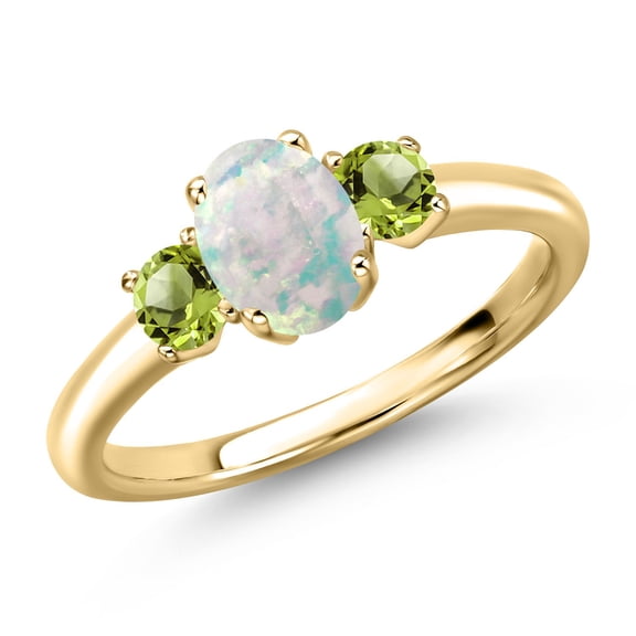 Gem Stone King 10K Yellow Gold Simulated White Opal and Green Peridot Engagement Ring for Women | 1.41 Cttw | Oval Cabochon 7X5MM | Gemstone October Birthstone | Size 9