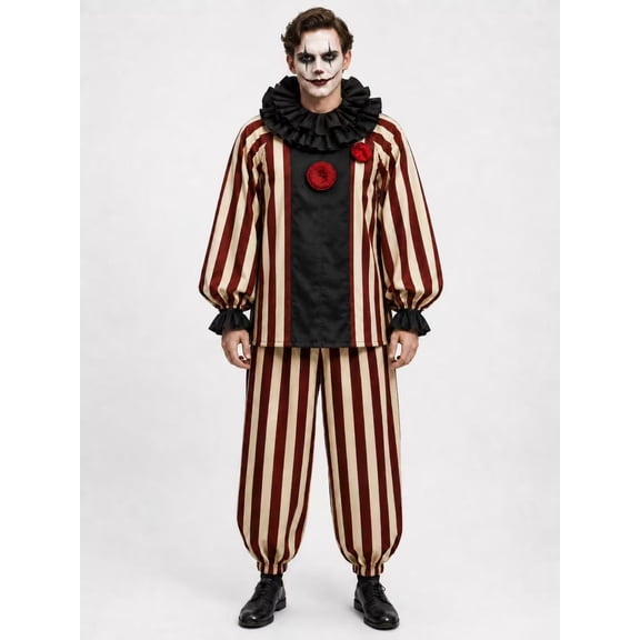 Adult Spooky Clown Costume Outfit Set, Classic Jester Cosplay Jumpsuit Dress Up Suit for Halloween Party & Stage PerformanceWine L