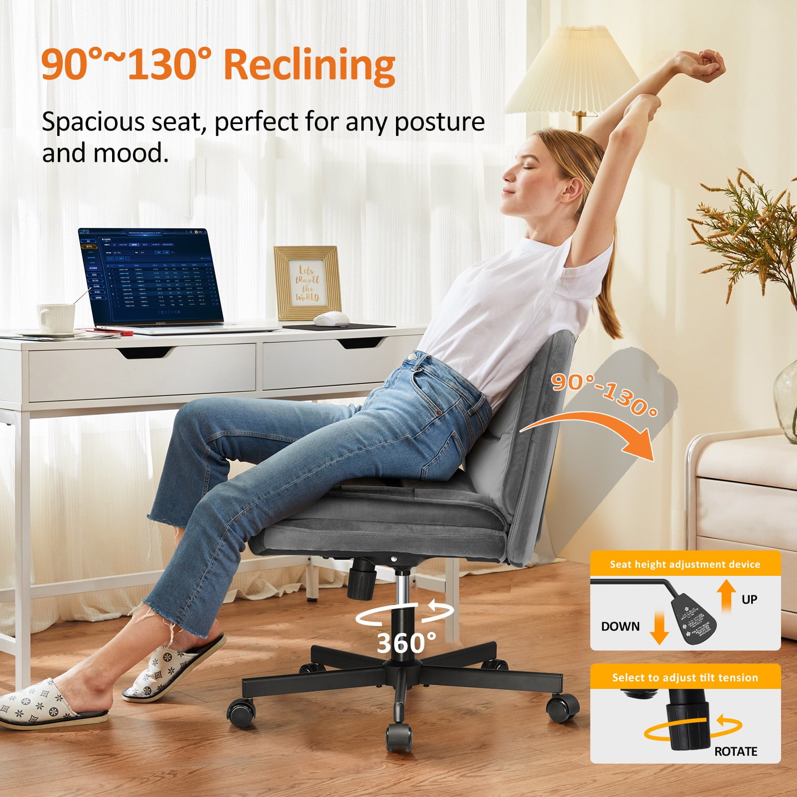 COMHOMA Armless Office Desk Chair, Criss Cross Swivel Chair with Wheels, Wide Seat Adult Vanity Chair for Home Office , Gray