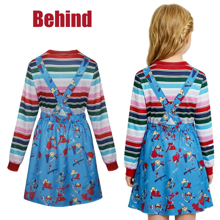 Forfamy Chucky Costume Women Halloween Fancy Dress, Ladies Scary Nightmare Killer Doll Wanna Play Movie Character Bodysuit Chucky Doll Cosplay Costume Set