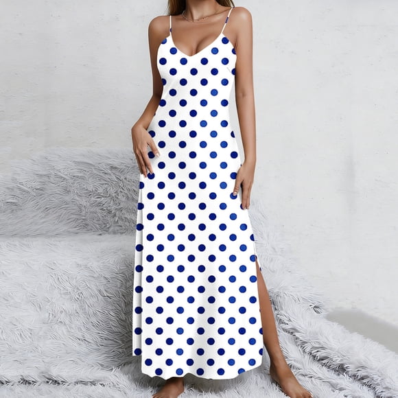 Ovbmpzd Women Dress Spaghetti Strap Polka Dot V Neck Maxi Dress Satin Loose Sleeveless Slip Dresses for Ladies M