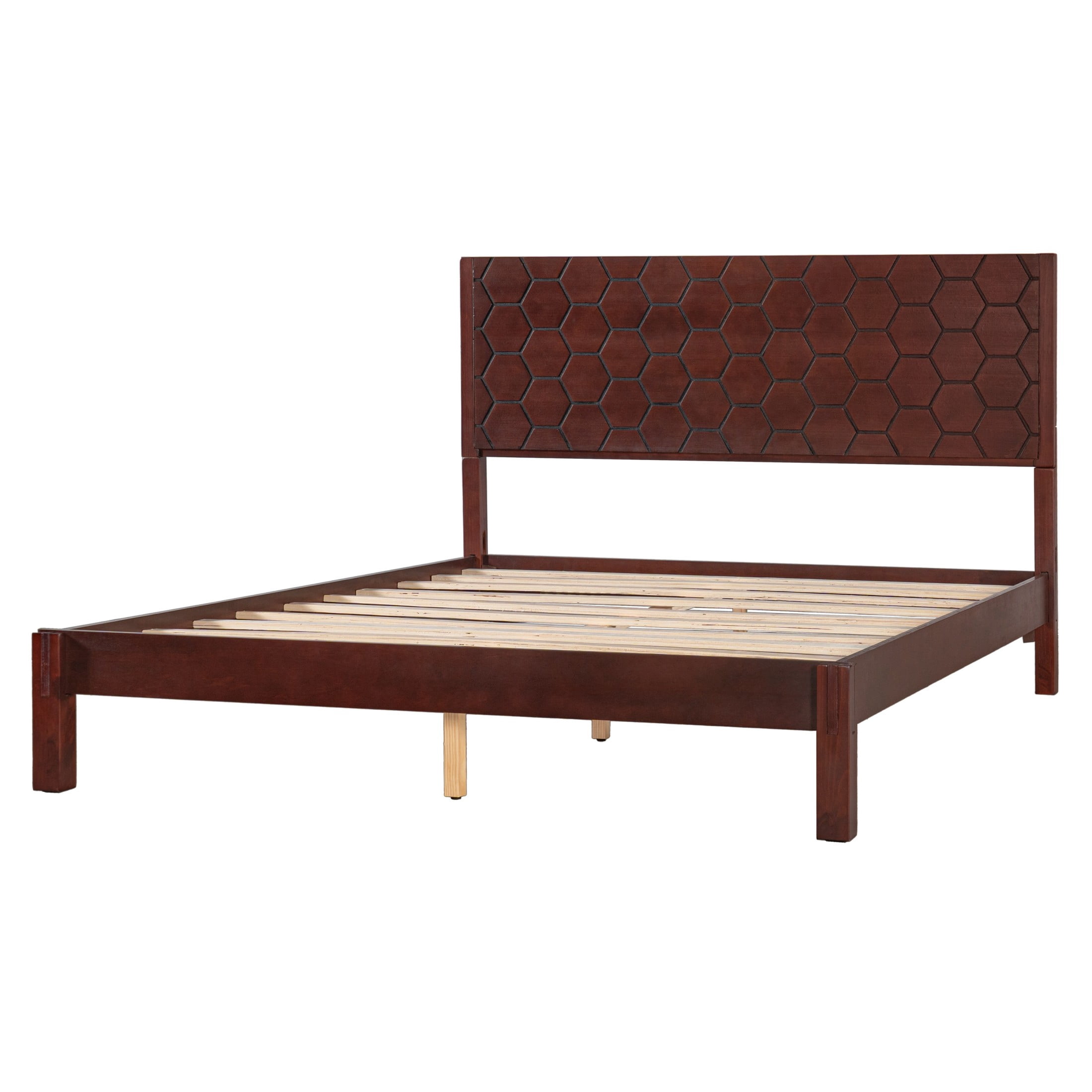 Christopher Knight Home Modern Queen Wooden Platform Bed Frame With Honeycomb Headboard, Walnut