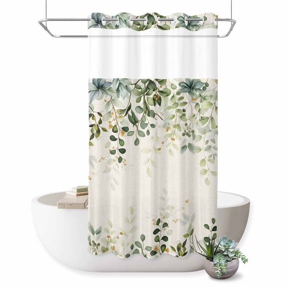 No Hook Shower Curtain, Sage Green Shower Curtains for Bathroom with See Through Top Window, Eucalyptus Leaves Waterproof & Washable Bath Curtain Stand Up Stall 36"x72"