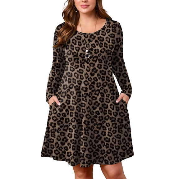 SHOWMALL Women's Plus Size Long Sleeve Swing Dress with Pockets