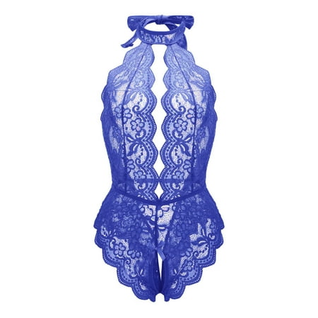 Sehao Women Lingerie Lace Bodysuit Deep V Teddy Nightgown Blue M