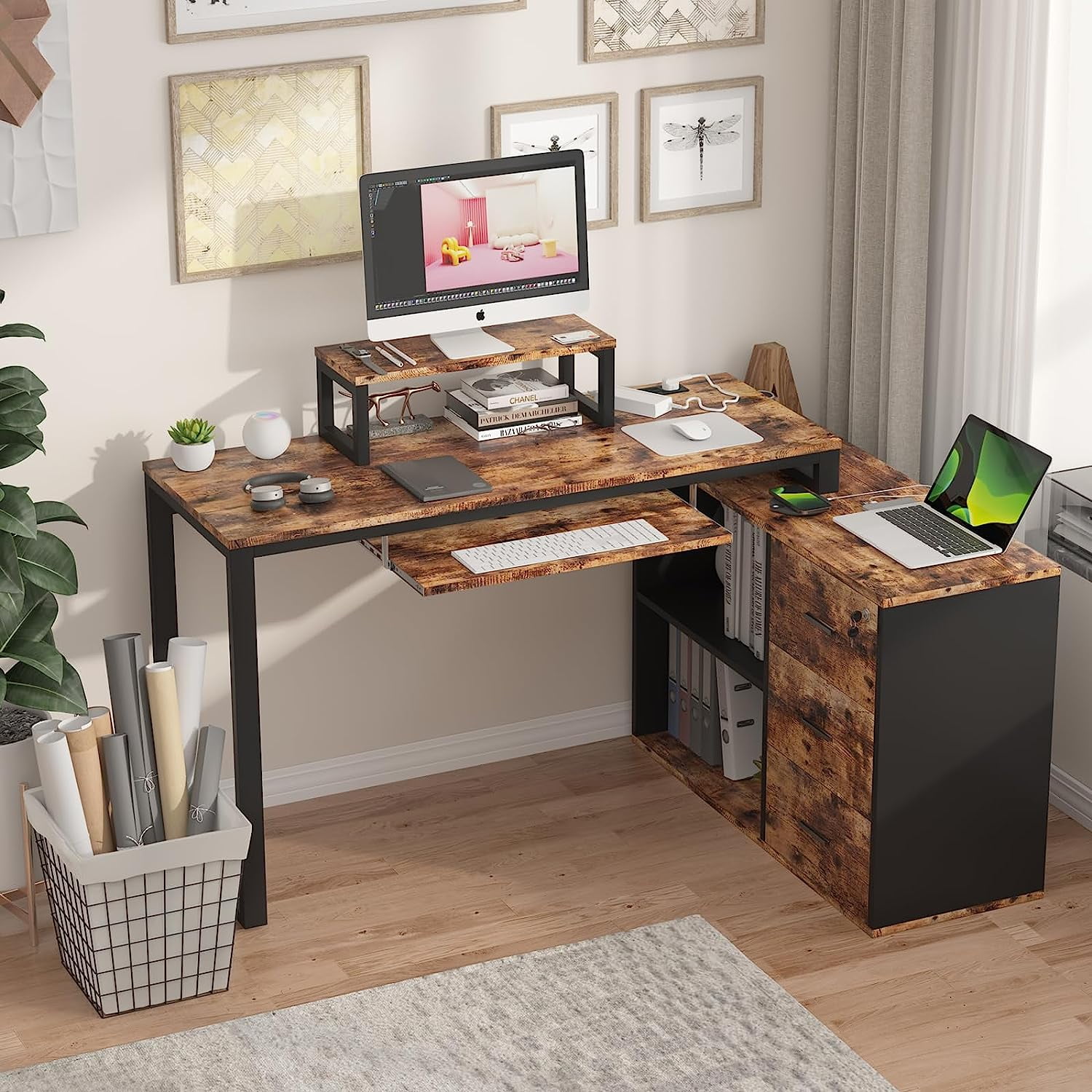 PAKASEPT L Shaped Desk with Drawers & Power Outlet, 47.261'' Corner