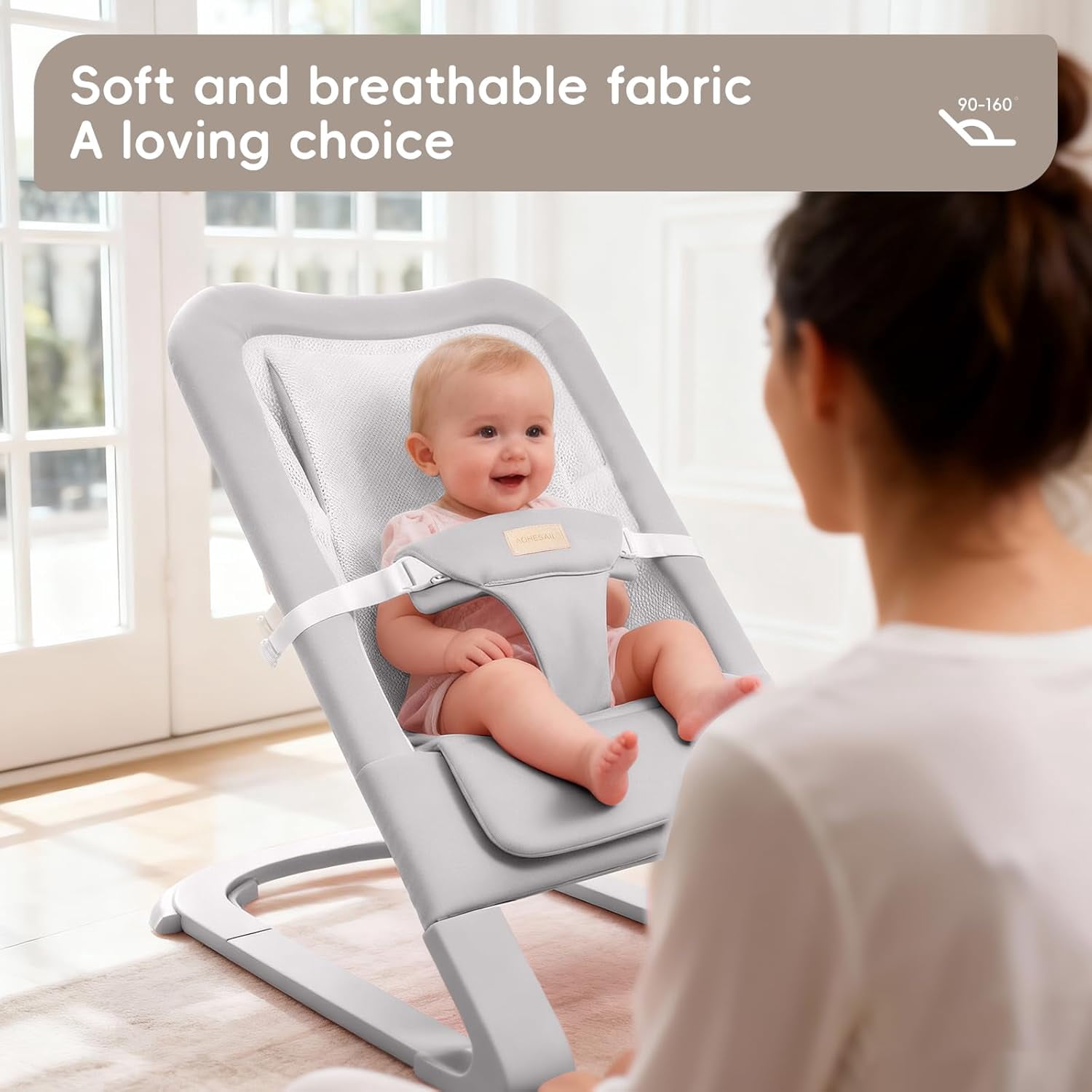 Portable Baby Bouncer & Rocker Seat for Infants, Adjustable Reclining Baby Chair with 3-Point Safety Harness, Lightweight Foldable Design for 0-18 Months, Supports Up to 60 lbs, Grey