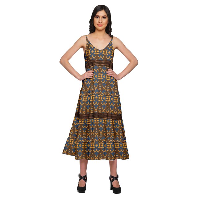 Moomaya Robe Longue Maxi Imprimée pour Femmes Sans Manches à Col en V Décontractée Évasée Kurta