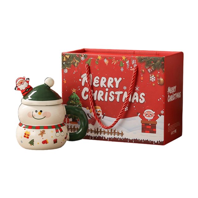 Taza de cerámica navideña Strade Fareast Limited con tapa y cuchara 400 ml Muñeco de nieve verde