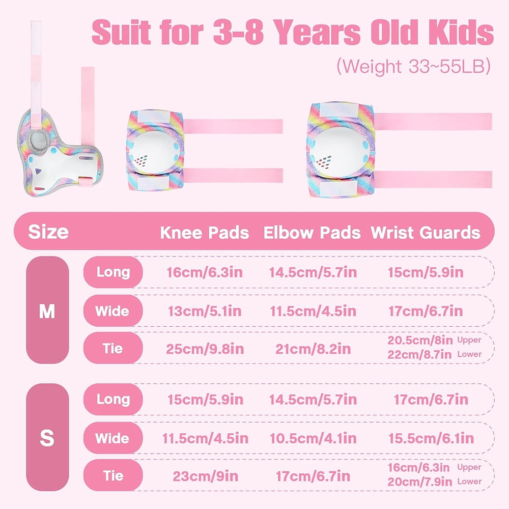 Rainbow Unicorn Knee Pads for Kids Knee Elbow Pads Wrist Guards with Drawstring Bag Adjustable Protective Gear Set for Girls Boys Roller Skating Bike Cycling Skateboard Scooter Shiny Medium