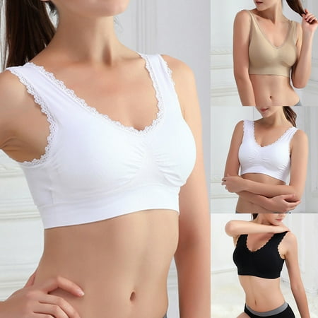 

Mairbeon Solid Color Women Lace Trim Seamless Padded Wire Free Bra Crop Top Underwear