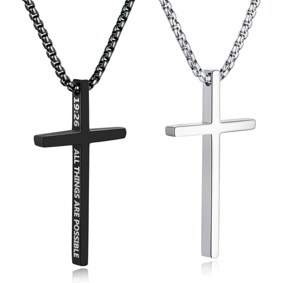 2 Pcs Cross Necklace for Men, Silver Black Stainless Steel Bible Verse Cross Pendant Necklace for Men, 22 Inches/2.5mm Box Chain