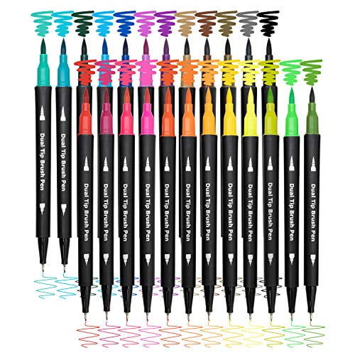 Dual Brush Marker Pens for Coloring,24 Colored Markers,Fine Point and