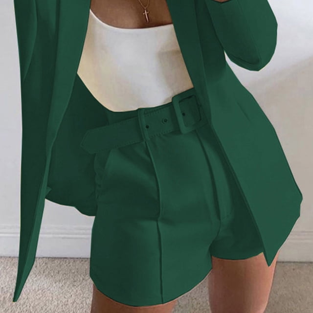 LOVZFMLL Women's Solid Suit Pant With Pockets Waisted Shorts With Belt Green S