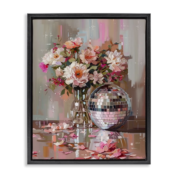 Stupell Industries Art Deco Disco Ball & Flowers Still Life Black Floating Frame Canvas Art, 17 x 21, by Arlington Prints