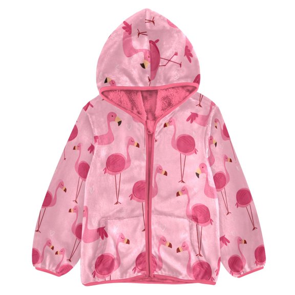 BZSMCE Double-Sided Sherpa Fleece Hooded Zipper Jacket Pink Pink Flamingo Pattern Print Warm Outerwear