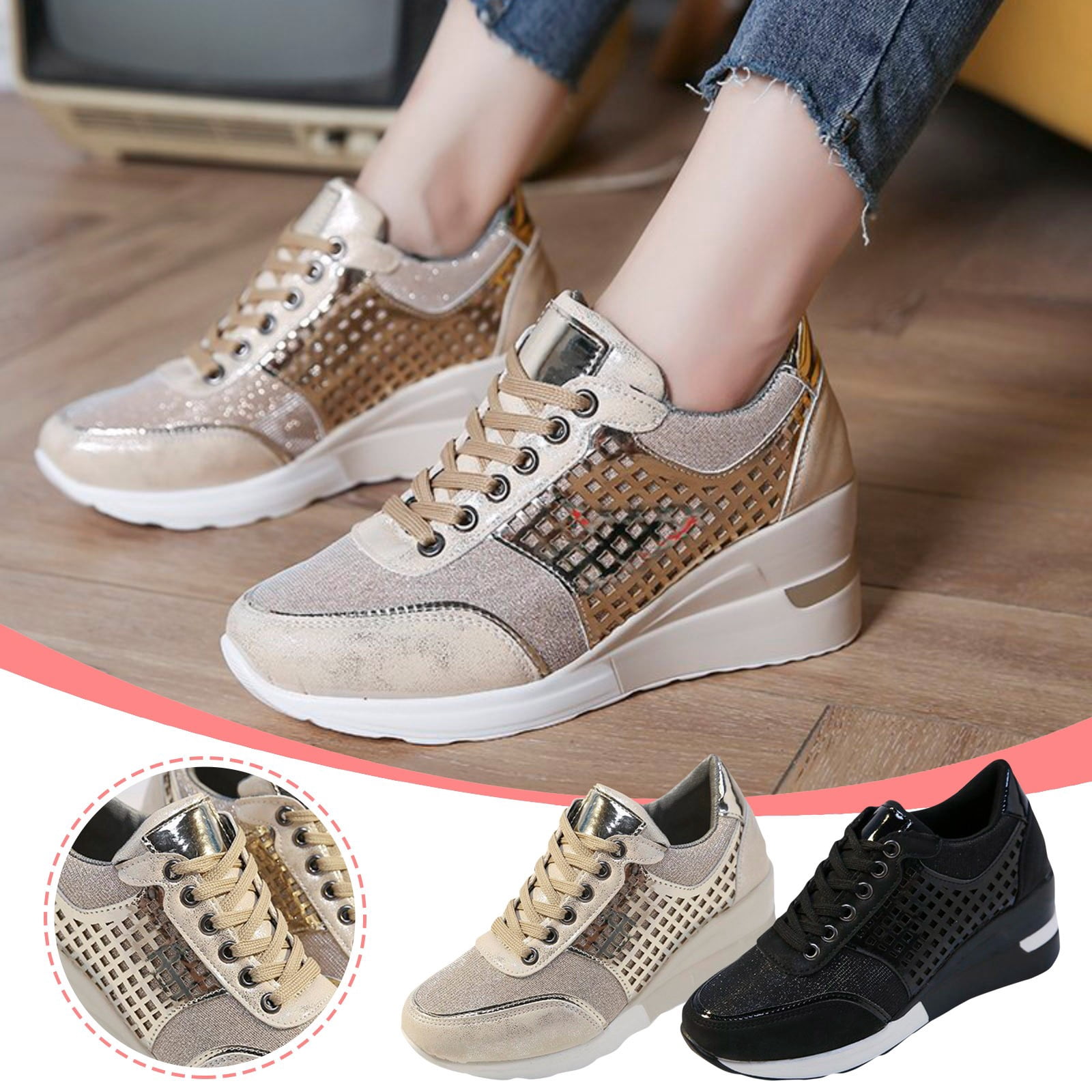 Oyedens Wedge Fashion Sneakers for Women 2024 Retro Lace up Casual Women's High Heels Walking Shoes