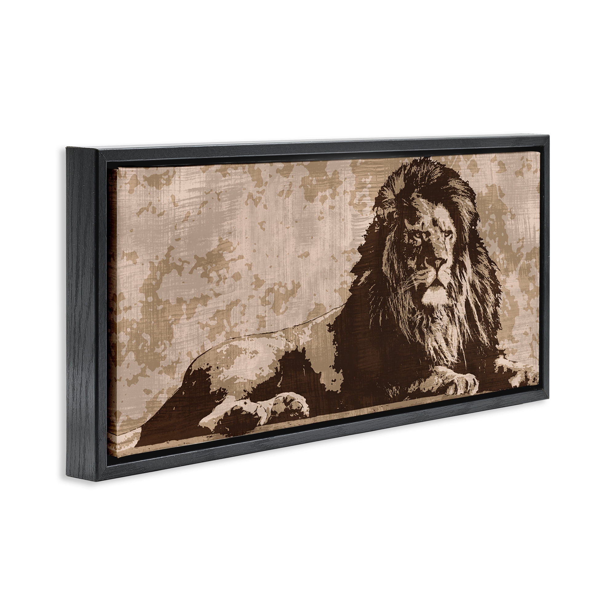 Stupell Industries Rustic Impression Lion Animals Painting Black Floater Framed Canvas Art Print Wall Art, 25 x 11
