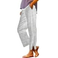 thumbnail image 3 of Women's Cropped Wide Leg Pants with Button Detail and Pockets in Breathable Cotton Linen Striped Casual Trousers, 3 of 9