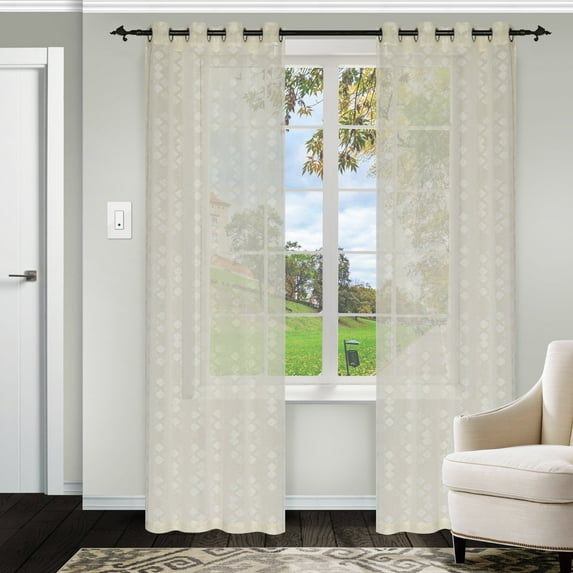 Argyle Geometric Embroidered Soft Diffused Light Airy Lightweight Sheer Curtain Set Linen / 52"x96"