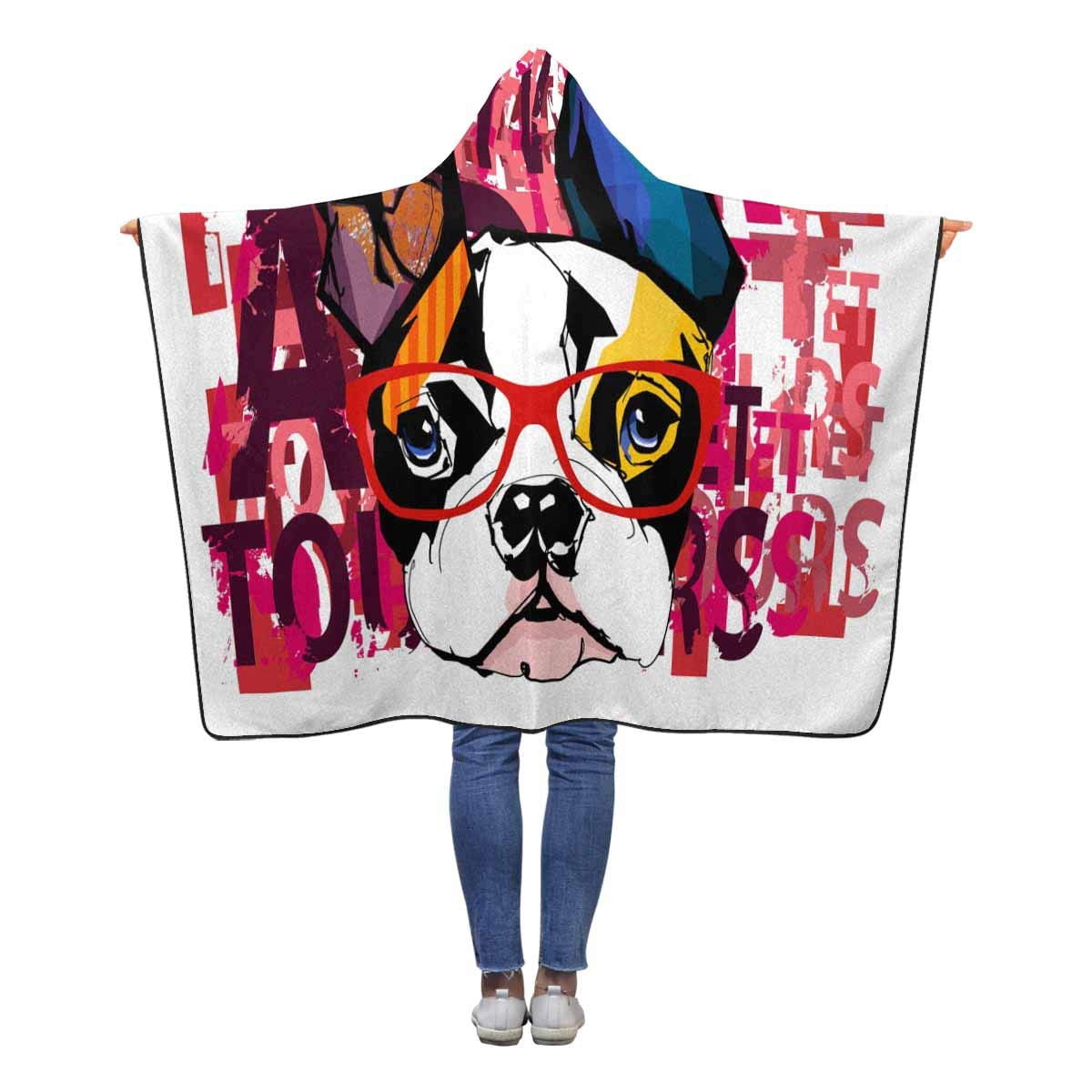 ASHLEIGH French Bulldog Glasses Wearable Hooded Blanket 50x60 inches