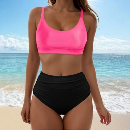 Linfrsh Bathing Suit for Women Tummy Control Modest High Waisted Bikini Sets Cute Halter 2 Piece Swim Suit 2024 Hot Pink M