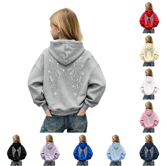 Rggeeun Toddler Girl'S Pullover Hoodie Cute Sequins Wing Graphic Print Thermal Long Sleeve Hooded wth Large Pocket & Drawstring Soft Autumn Winter Festive Celebration Classic Tops,Gray,15-16 Years