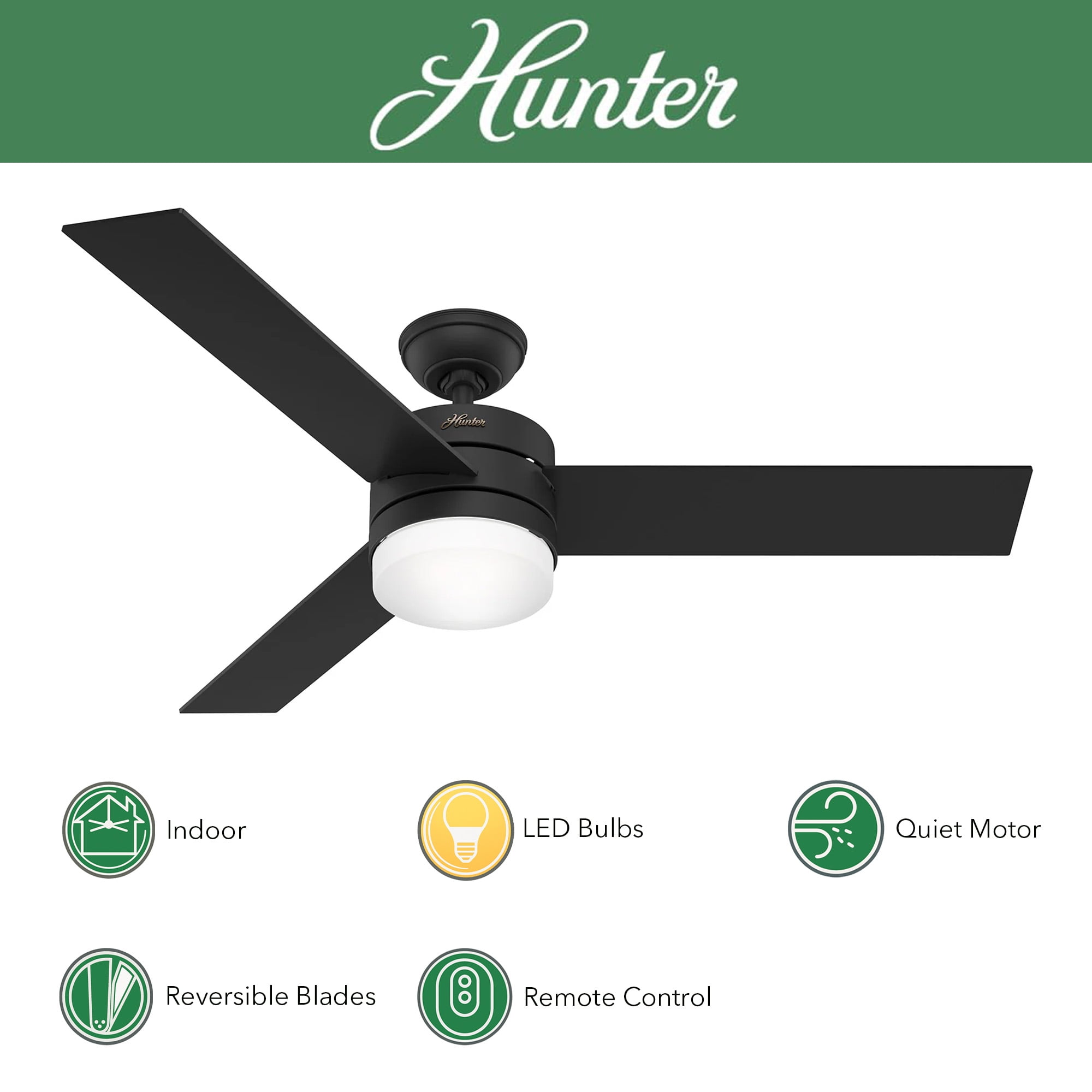 Restored Hunter Fan 54 inch Matte Black Ceiling Fan with LED Light and Remote Control for Bedroom, Living Room/Family Room, Office, Basement, Kitchen, Dining Room (Refurbished)