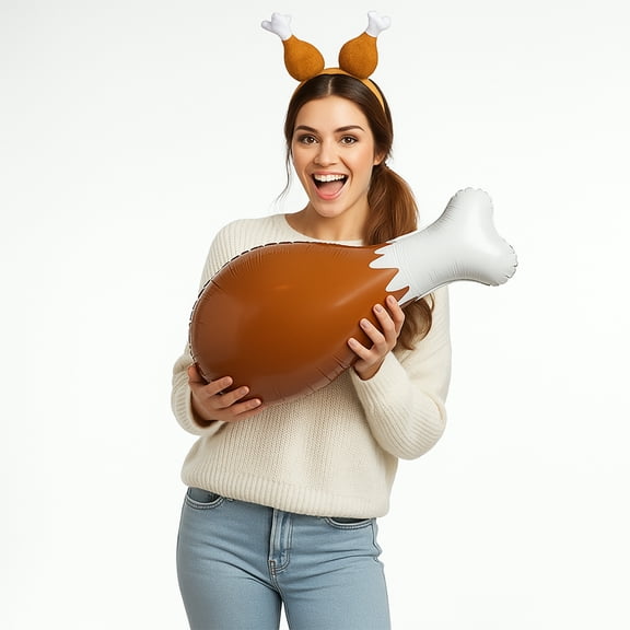 PMU Thanksgiving Men's Roasted Turkey Hat and 24in Giant Turkey Drumstick Inflatable Set Party Costume Accessories (2/Pkg) Pkg/1