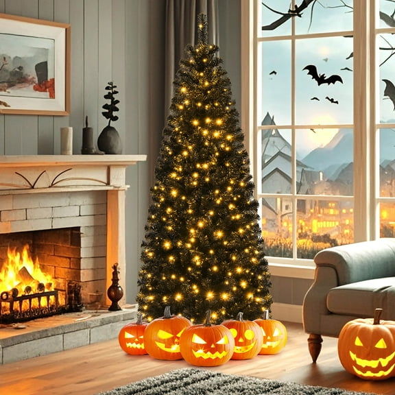 Gymax 6 FT Pre-lit Black Christmas Tree Artificial PVC Slim Pencil Halloween Tree