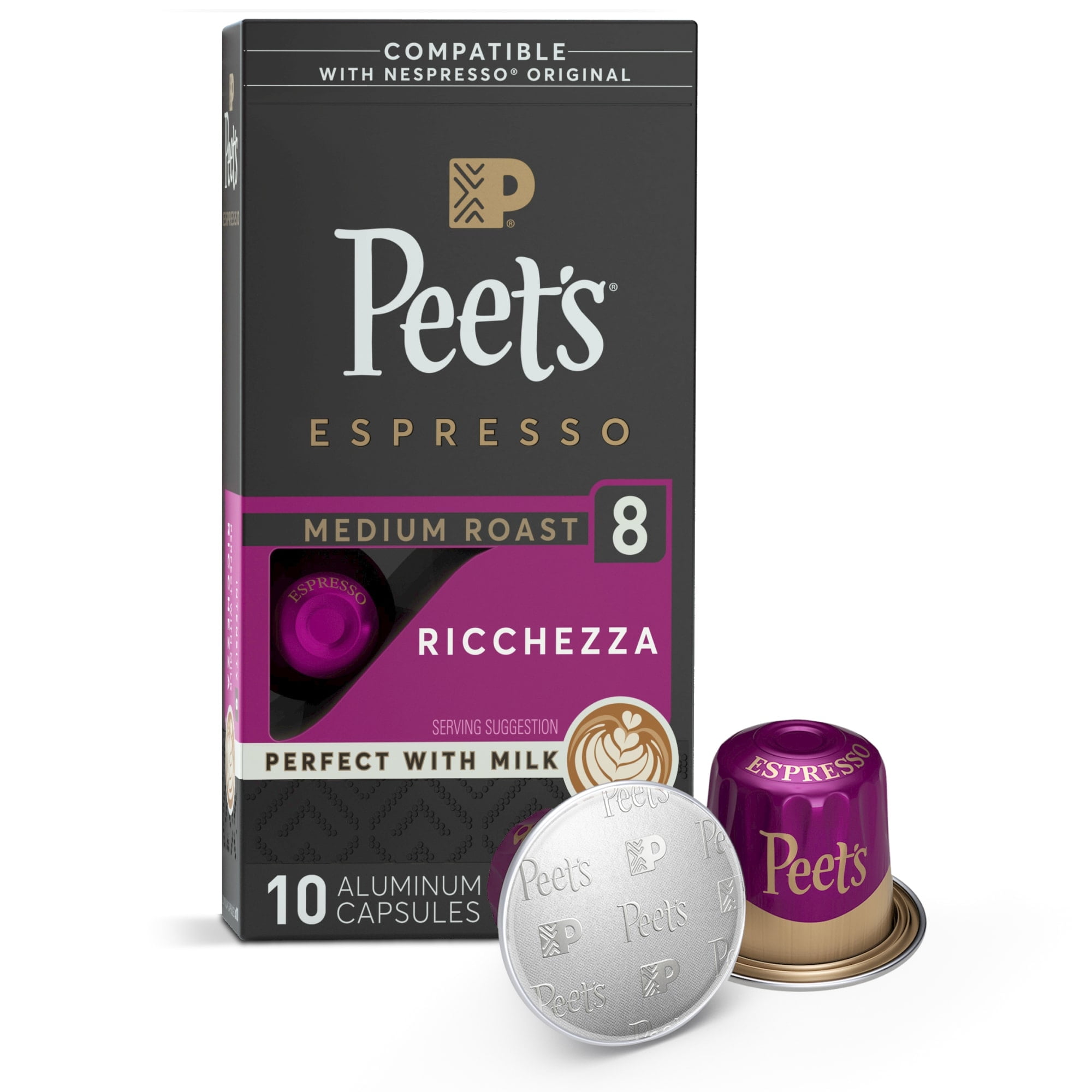 Peet's Coffee Ricchezza Premium Medium Roast Intensity 8 Espresso Coffee Pods, 10 Count