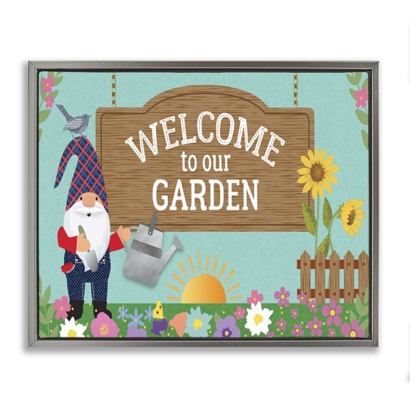 Stupell Industries Eclectic Welcome To Our Garden Gnome Gray Floating Frame Canvas Art, 21 x 17, by Linda Birtel