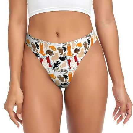 Qokaie Cute Cats Printed Women s Cotton Thong Underwear  Sexy Breathable Panties G-string-Medium