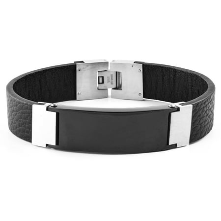 Crucible Black-Plated Stainless Steel Black Leather ID Bracelet