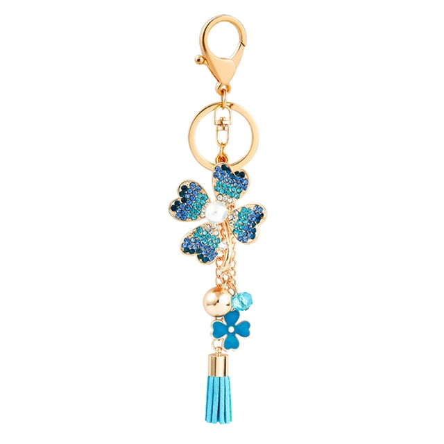 Blue Rhinestone Four Leaf Clover Keychain Pendant for Bag and Car Decoration Durable Zinc Alloy