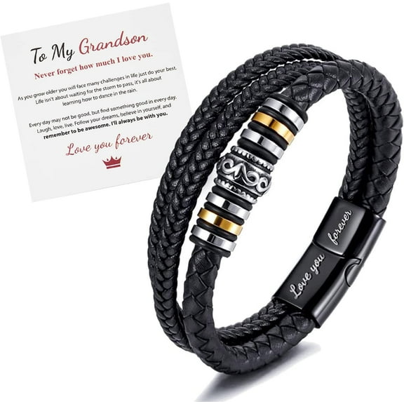 To My Son/To My Grandson Bracelet- I Will Always Be With You Braided Leather Bracelet for Men, Stainless Steel Inspirational Wristband, Mens Braided Leather Bracelet Bangle Wristband